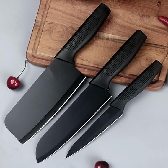 Professional Kitchen Knife Set, 3-Piece Black Chef Knives with Ergonomic Handles Sharp Manual Sharpening for Home Kitchen & Restaurant (Black)