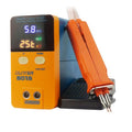 Orange and black welding machine with digital display on a white background